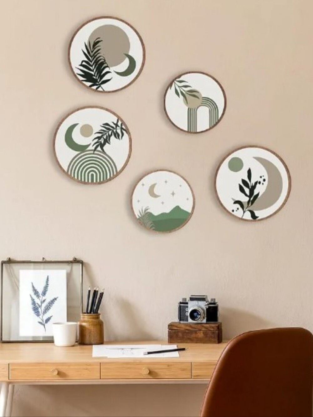 5Pc Boho Sage Green Round Wall Art Set Minimalist Moon Phase Wooden Hanging Deco